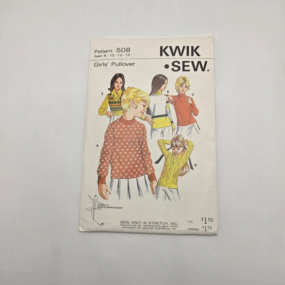 Kwik Sew 508 Girls Pullover Pattern Vest Crew Turtle V-Neck Knit Vintage 70s